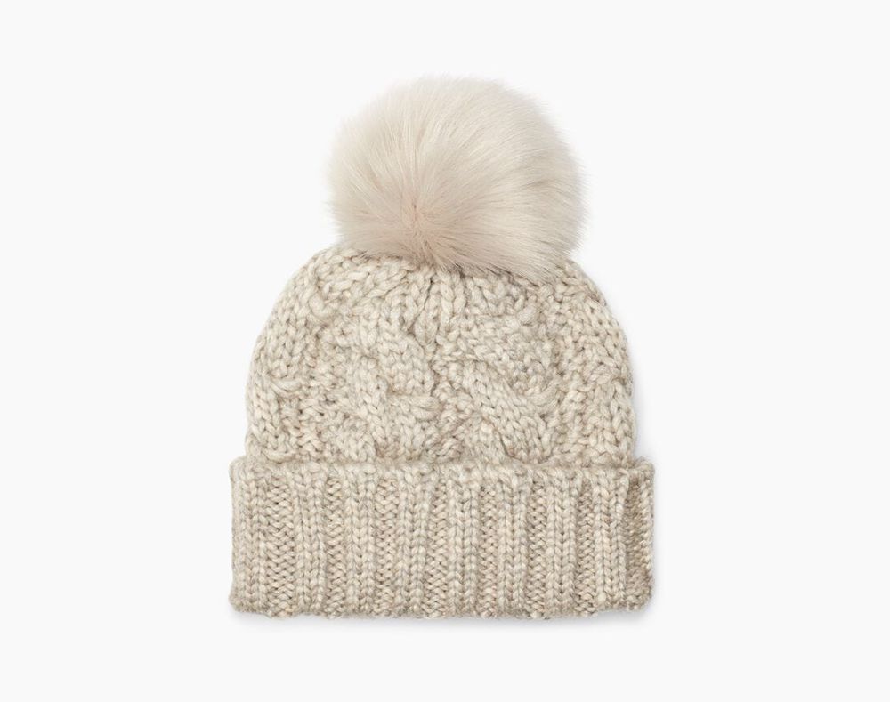 Ugg Beanies Canada - Ugg Women's Knit Cable Faux Fur Pom Light Grey